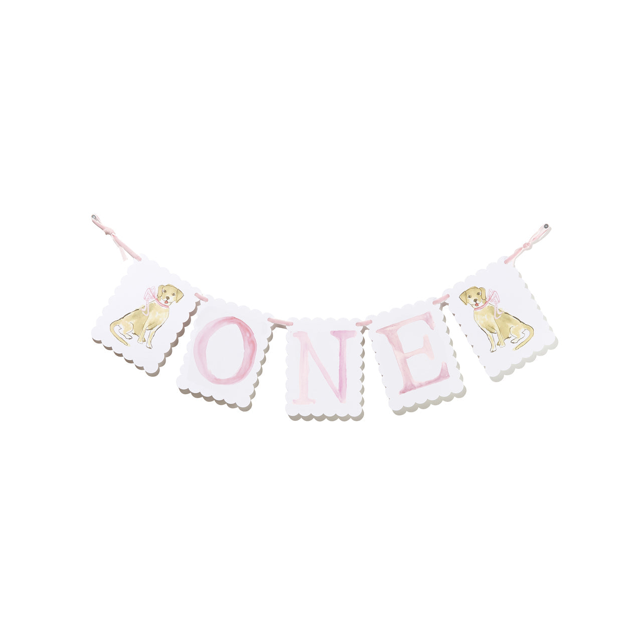 "ONE" Highchair Banner with Puppy Dog/Pink Bow End Pieces