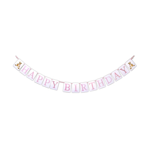 "Happy Birthday" Banner - Teddy Bear with Pink Bow