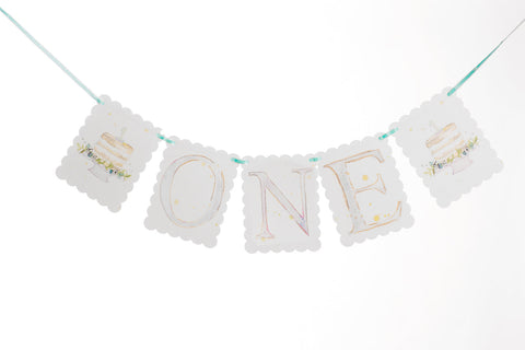 "ONE" Highchair Banner with Cake End Pieces - Blue