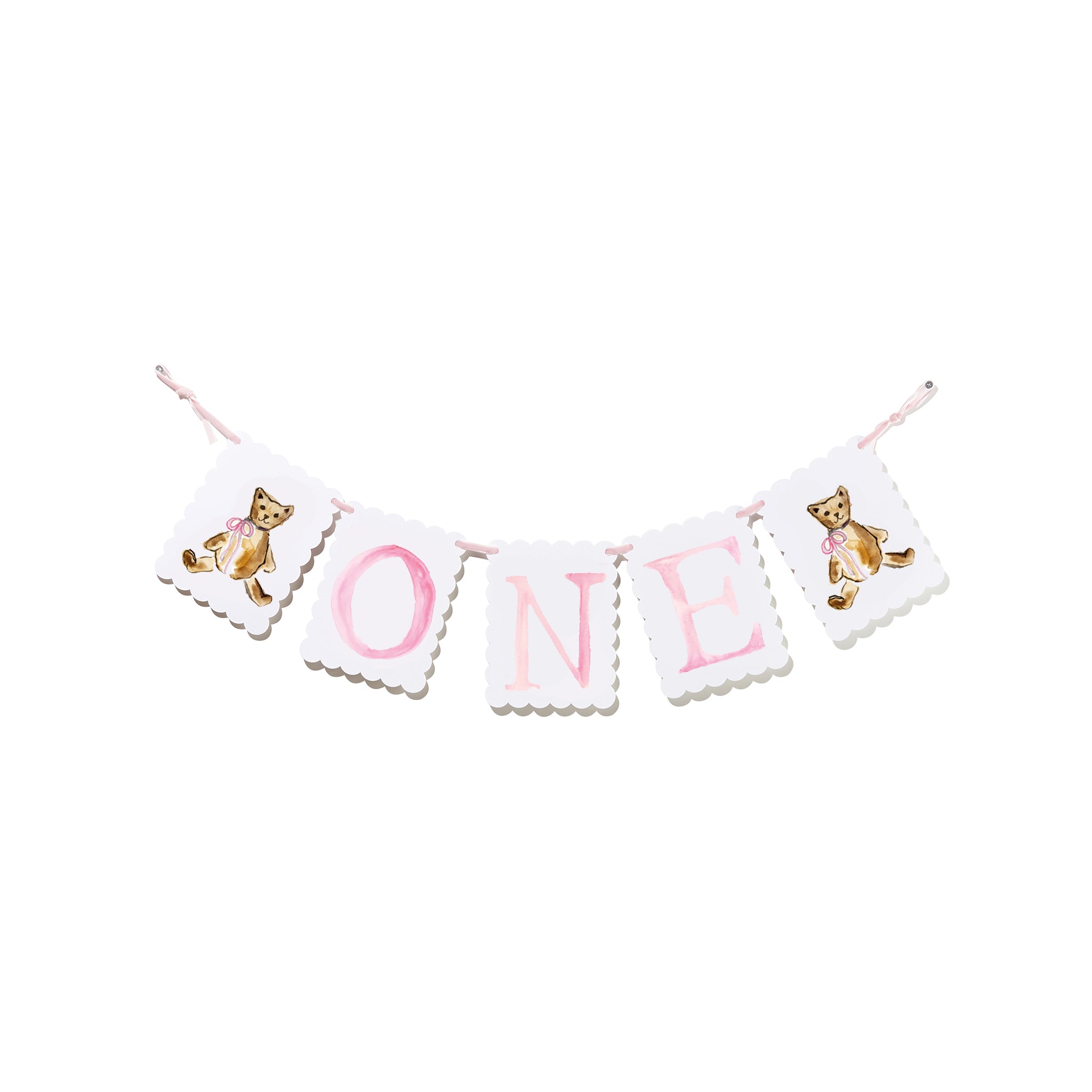 "ONE" Highchair Banner with Pink Teddy Bear End Pieces