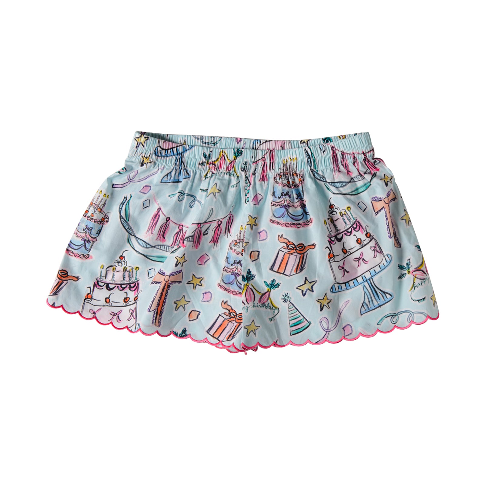 lounge shorts with whimsical birthday girl drawings in blue background with pink scalloped trim