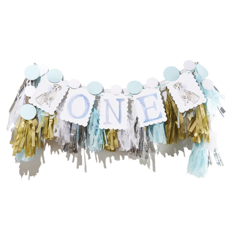 Puppy Dog with Blue Bow Birthday "ONE" Highchair Banner Kit