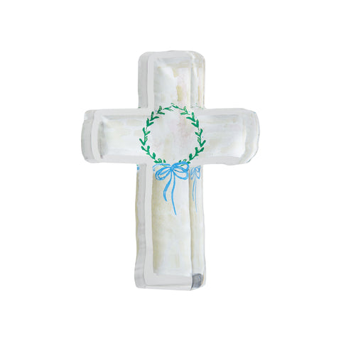 Cream Acrylic Cross with Wreath and Blue Bow