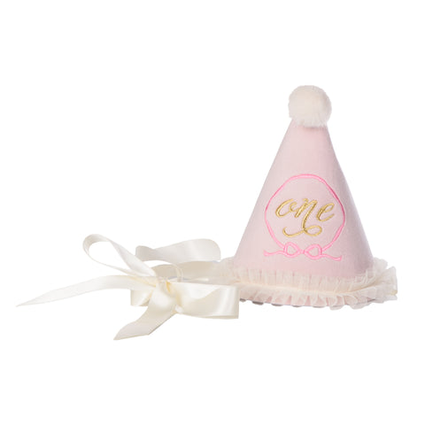 ONE Pink Party Hat with Pink Bow Embroidery