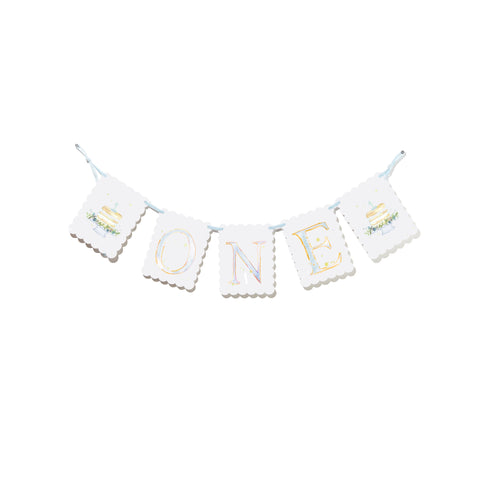 "ONE" Highchair Banner with Cake End Pieces - Blue