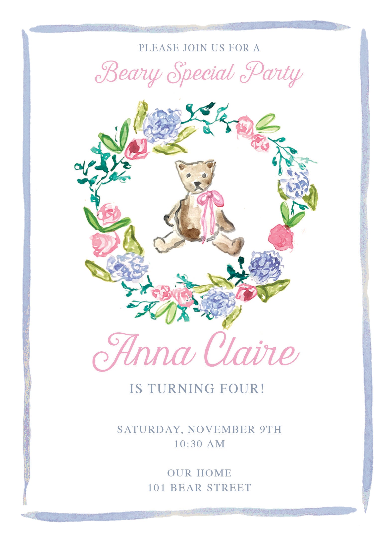 Teddy Bear Birthday Invitation - Pink