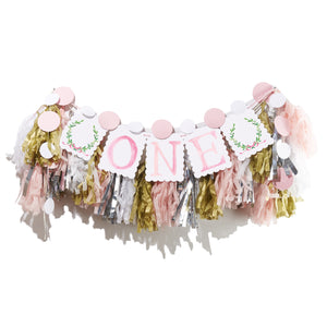 "ONE" Birthday Highchair Banner Kit - Wreath with Pink Bow