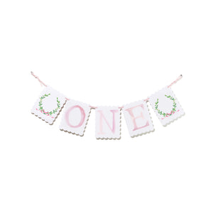 "ONE" Highchair Banner with Wreath with Pink Bow End Pieces