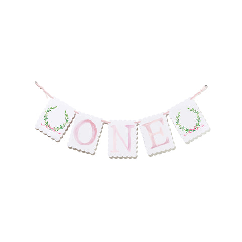 "ONE" Highchair Banner with Wreath with Pink Bow End Pieces