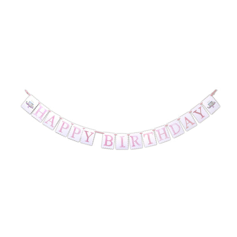 "Happy Birthday" Banner - Birthday Cake with 3 Candles - Reversible pink and blue