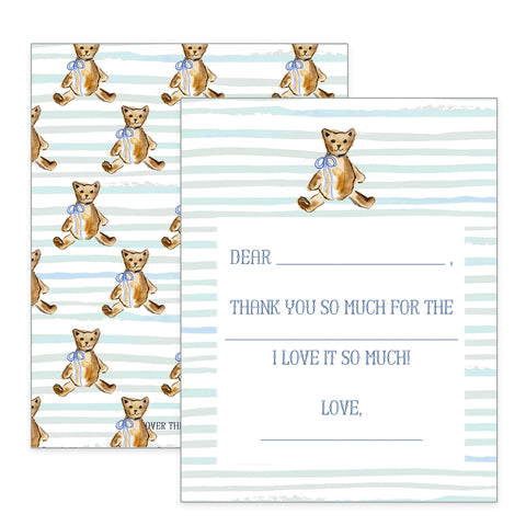 Children's Teddy Bear with Blue Bow Thank You Notecards
