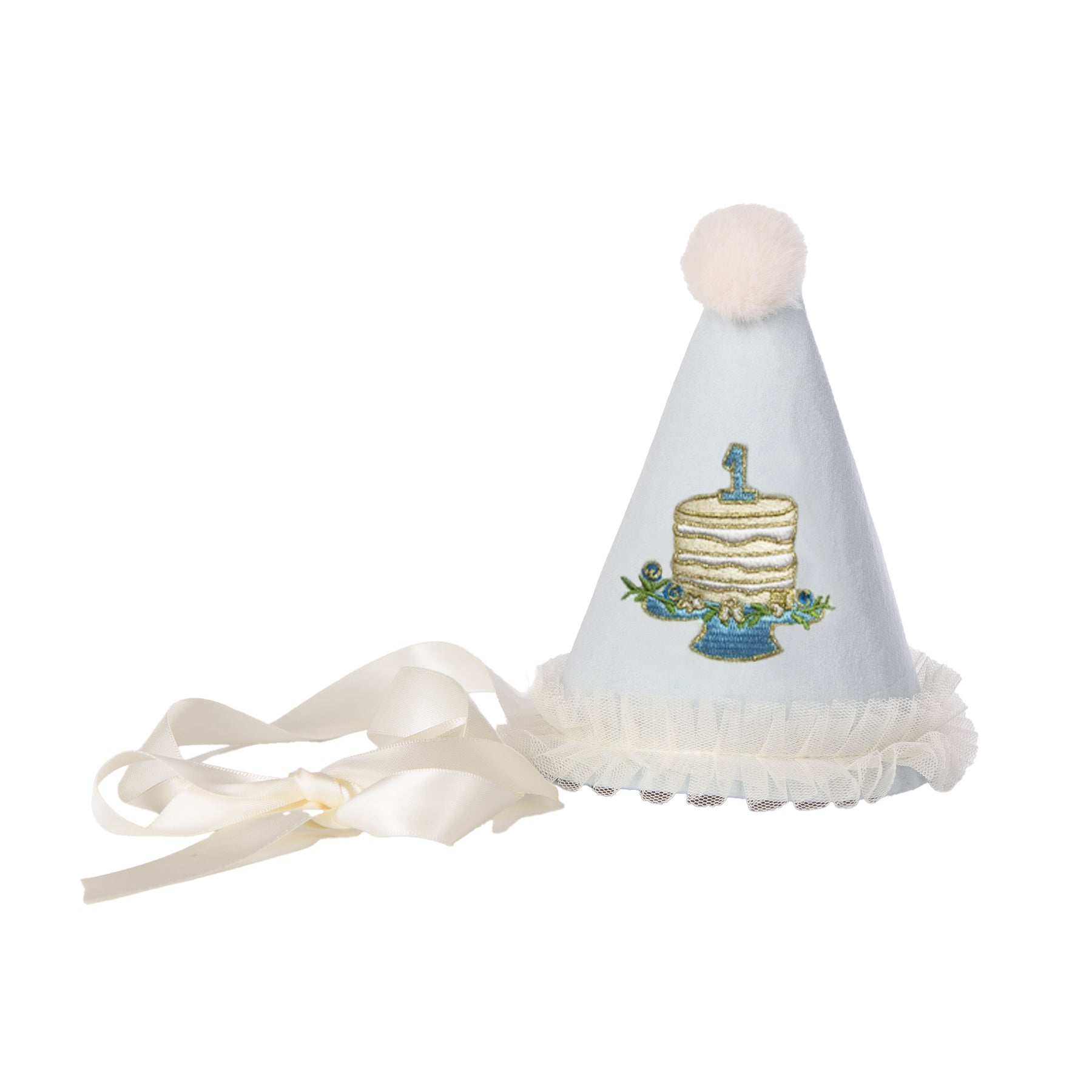 ONE Party Hat with Birthday Cake Embroidery - Blue