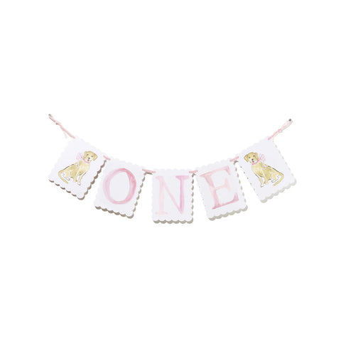 "ONE" Highchair Banner with Puppy Dog/Pink Bow End Pieces