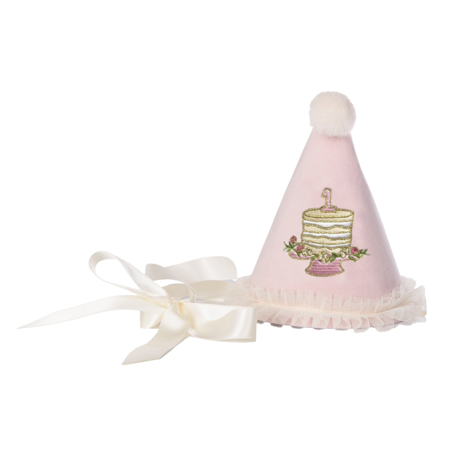 ONE Party Hat with Birthday Cake Embroidery - Pink