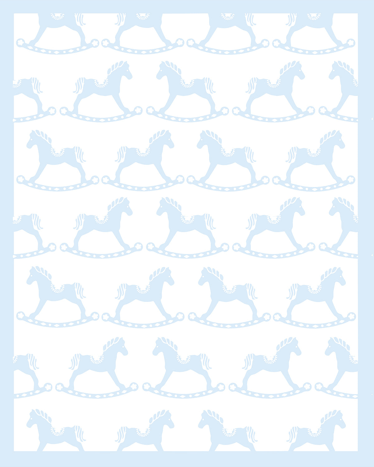 Baby blanket with white background and blue rocking horse pattern