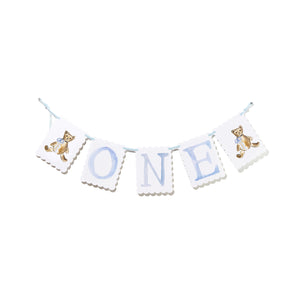 "ONE" Highchair Banner with Blue Teddy Bear End Pieces