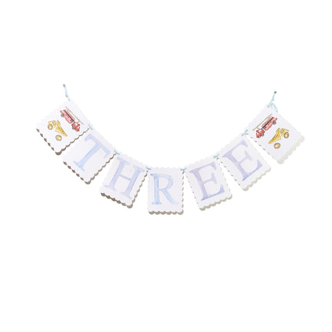 "THREE" Birthday Banner with Firetruck/ Puppy Dog Endpieces