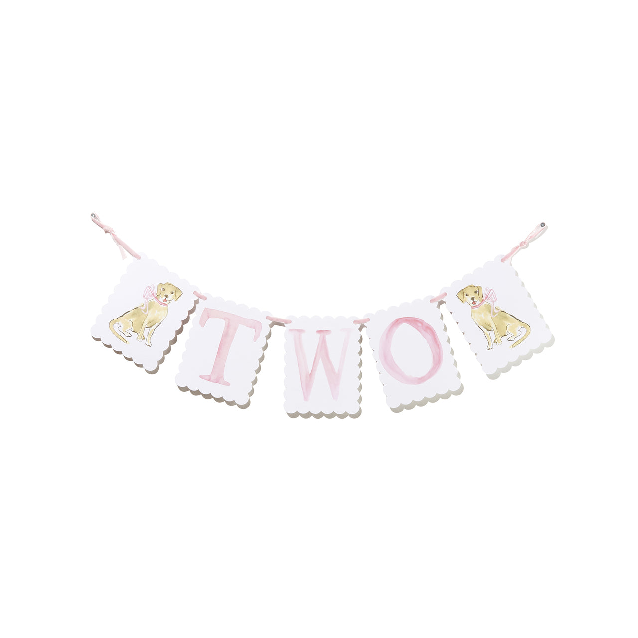 "TWO" Birthday Banner with Pink Bow/ Puppy Dog End Pieces
