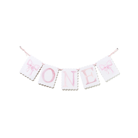 "ONE" Highchair Banner with Pink Bow/Puppy Dog End Pieces