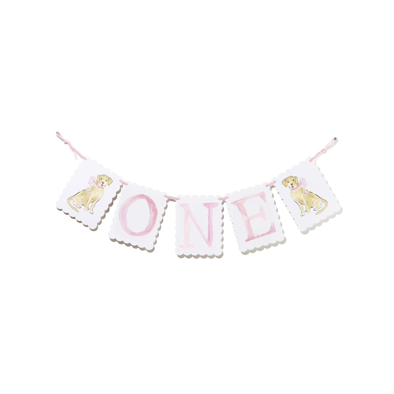 "ONE" Highchair Banner with Pink Bow/Puppy Dog End Pieces